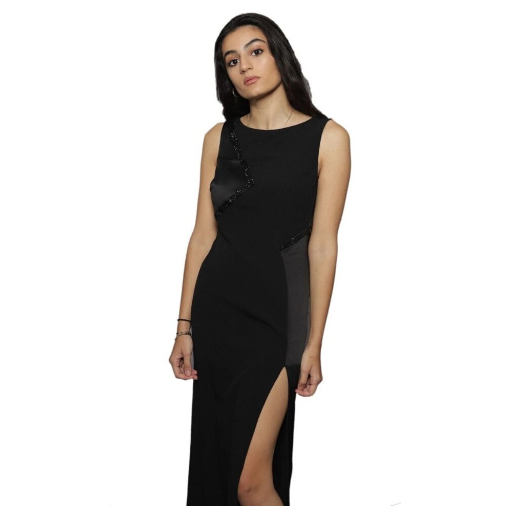 Versace 2016 Black Maxi Slit Swavorski Satin Dress Sz 40